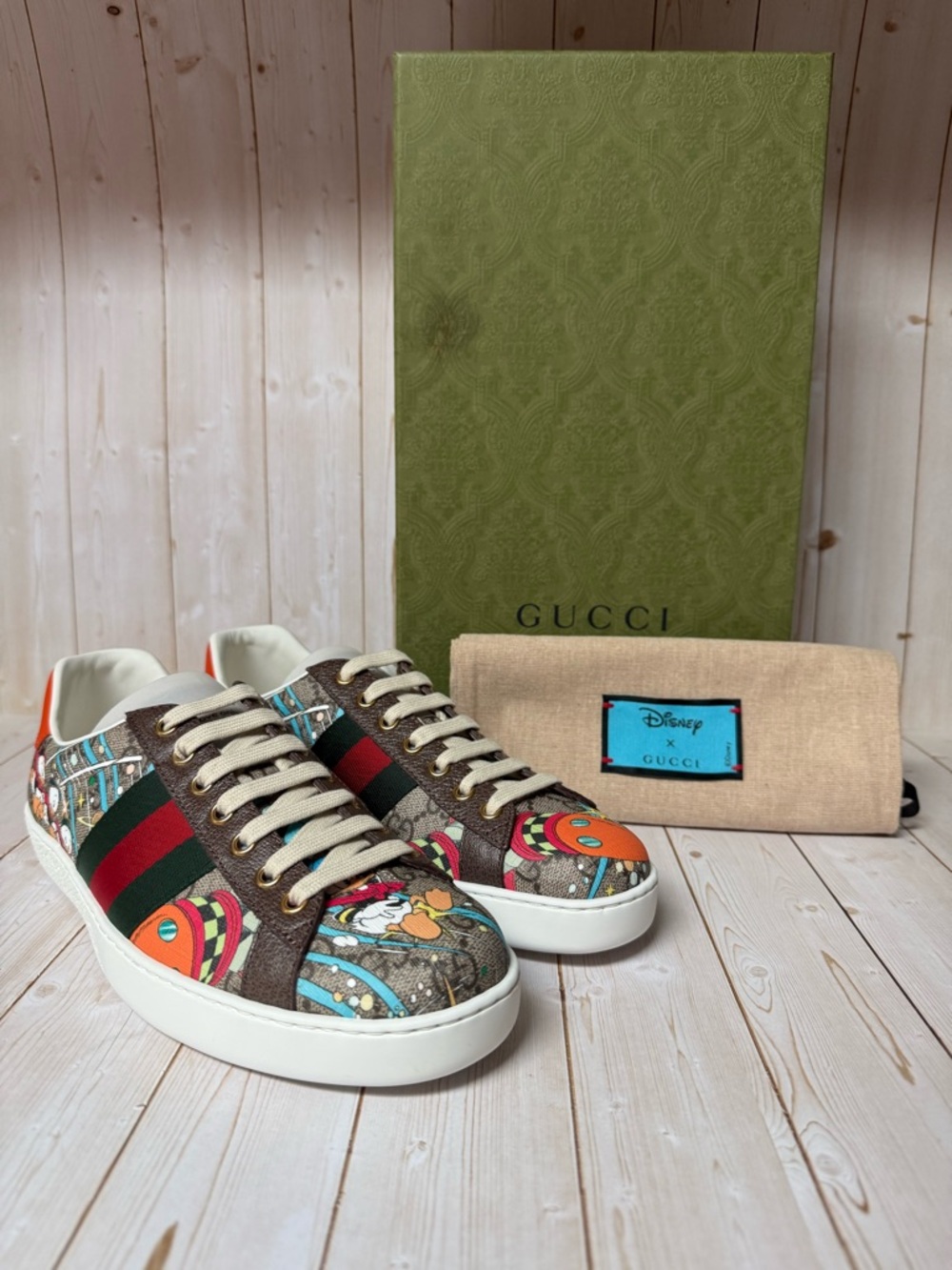 Gucci X Disney GG Supreme Monogram Donald Duck Ace Sneakers Beige Sz 6.5G / 7US